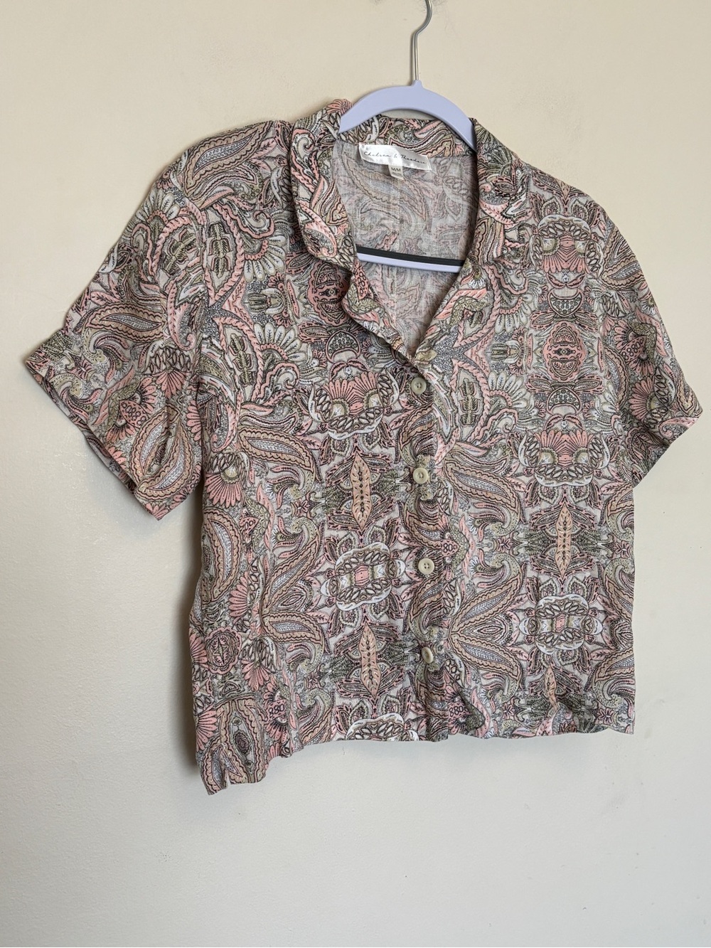 Chelsea and Theodore Floral Top Sz M Paisley Button 100% Linen Preppy Vacation
